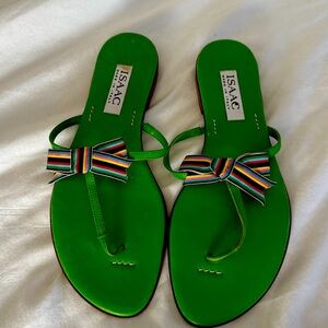 Isaac green sandal with multicolored striped bows. Size 8. Made In Italy.